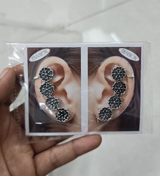 Set of 2 Oxidised Silver Floral Ear Cuffs