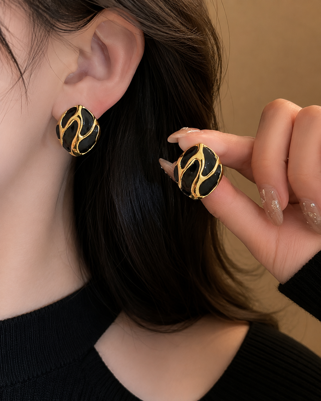 Korean Design Square Shape Black Stud Earrings