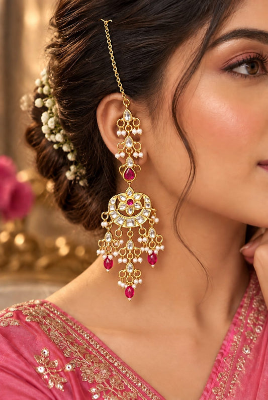 Kundan and pearl chandbali earring  pink bead drops with matching ear chain