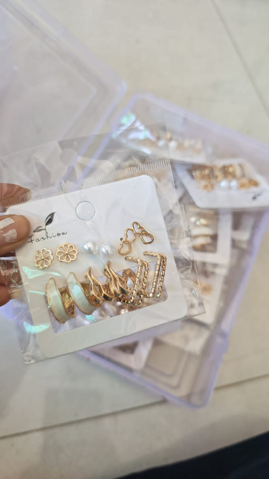 Set of 6 Floral, Pearl & Golden Hoop Combo Earrings