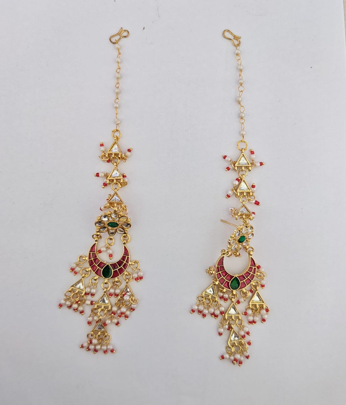 Kundan chandbali earring red stones and delicate pearl hair chain