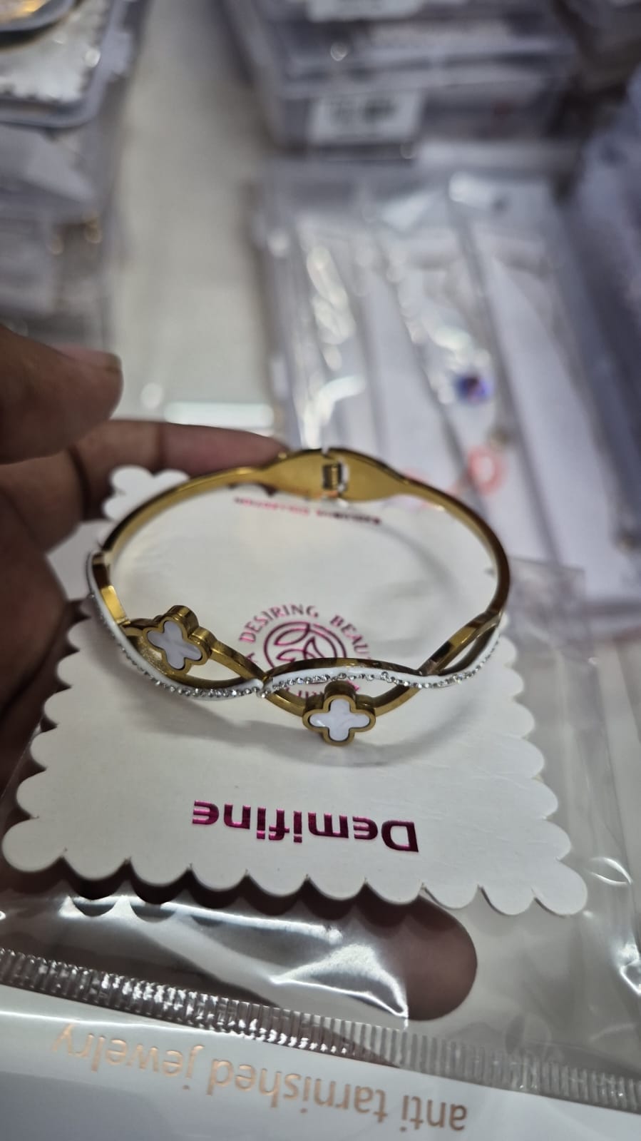 Gold Plated white Clover kada with anti tarnished