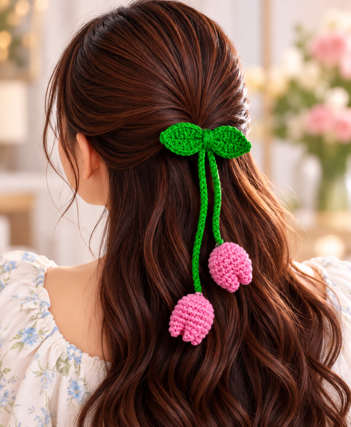 Set of 2 pcs  pink and blue Crochet Tulip Hair Tie