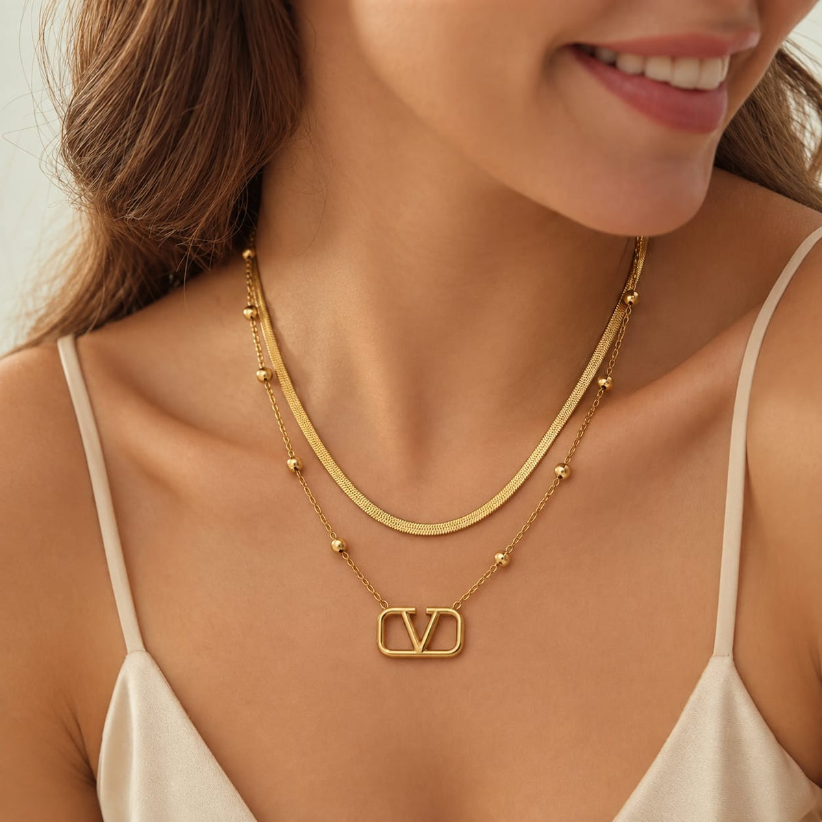 Anti-Tarnish Double Layer V Charm Necklace