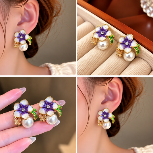 Korean-style enamel floral and pearl drop stud earrings