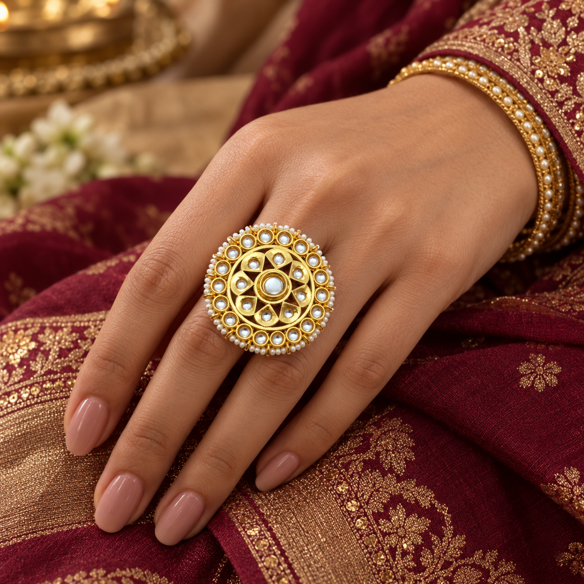 Traditional white Pearl Kundan  Ring