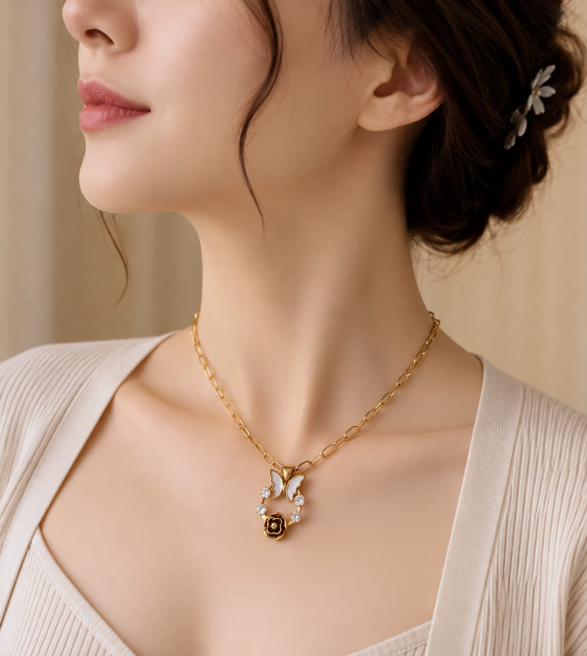 Butterfly Rose Crystal Pendant Necklace