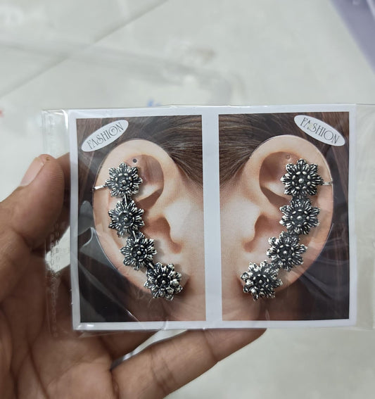 Set of 2 Oxidised Silver Floral Ear Cuffs