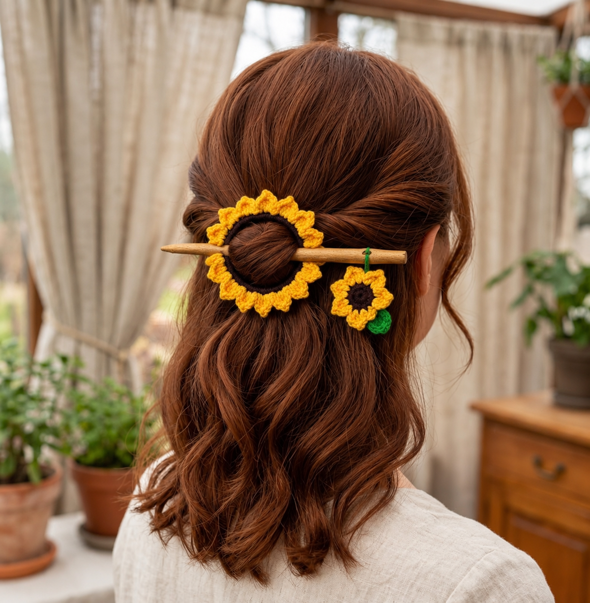 Handmade crochet sunflower hair bun stick