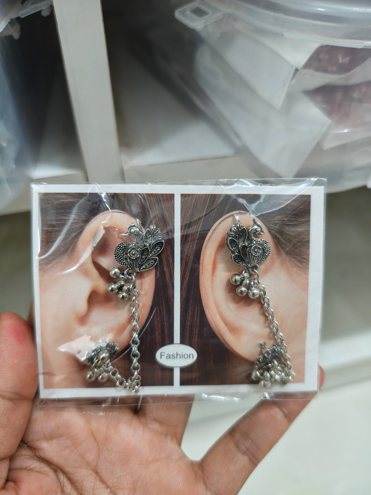 Oxidised Peacock Ear Cuff Chain Earring both side