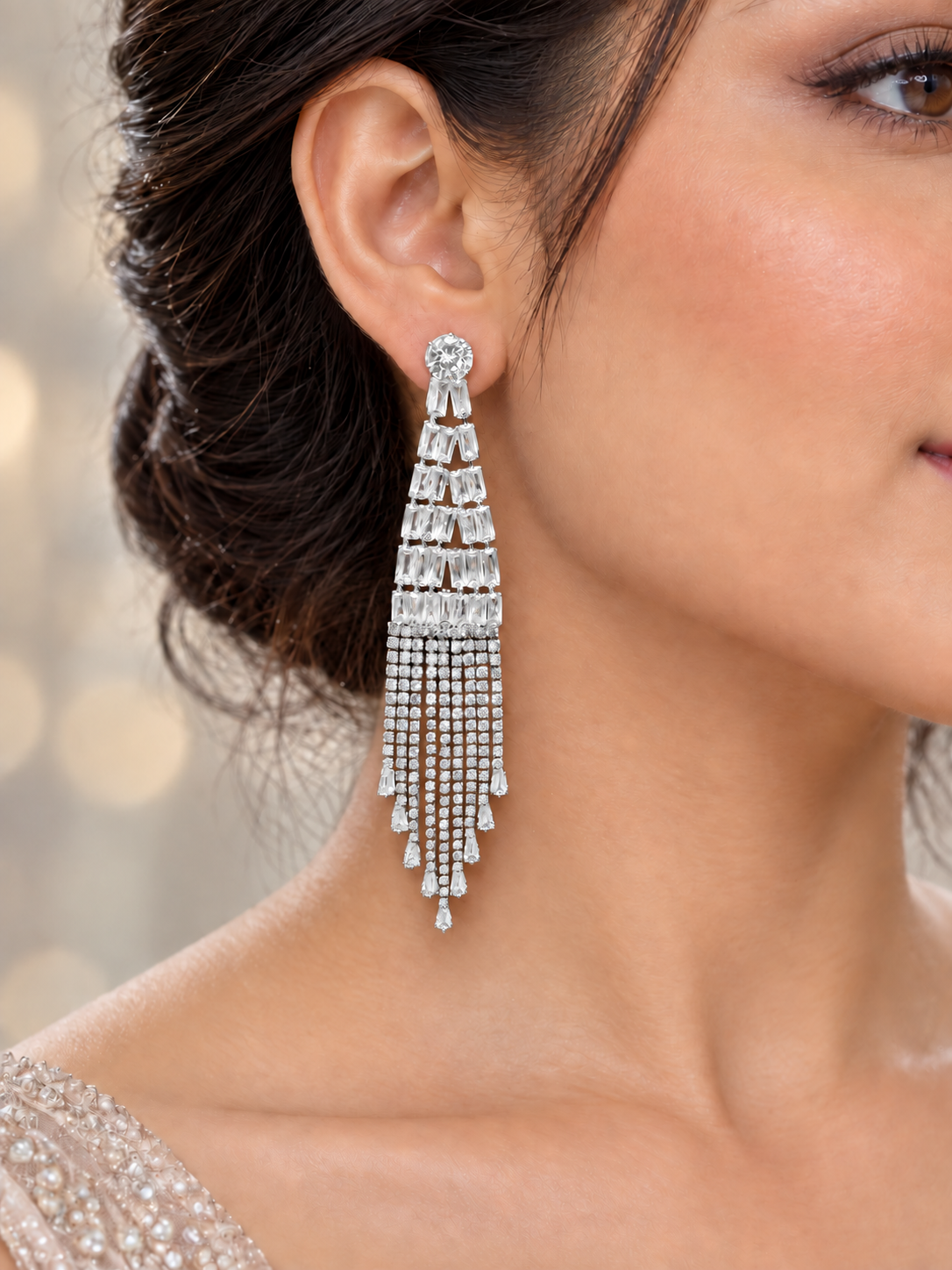 Silver Crystal Tassel Statement   Earrings