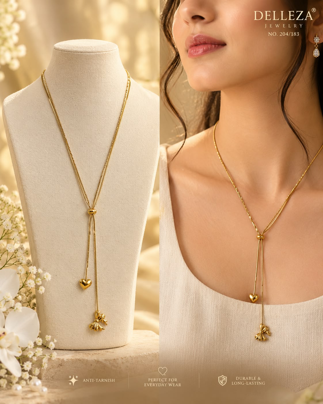 Gold-Tone Adjustable Lariat Necklace with Heart and Bow Charms