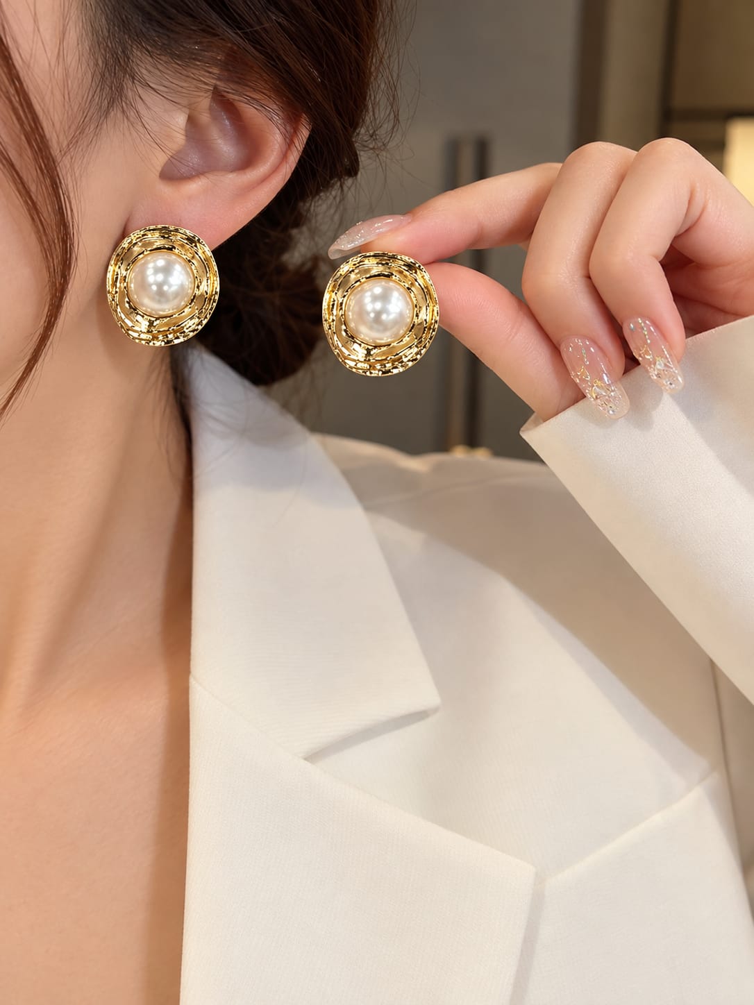 Gold Textured Pearl Stud Earrings