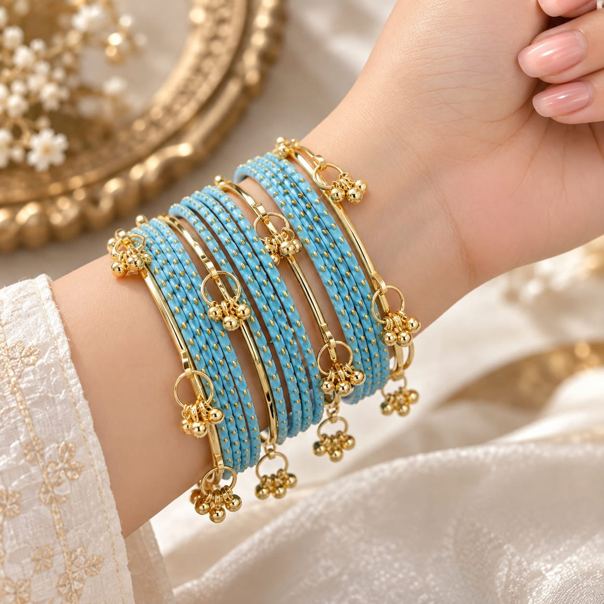 Set of 16 pcs Aqua blue colour matte finishing with Kashmiri bangles
