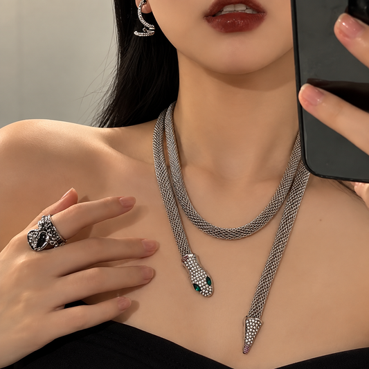 Silver Plated Rhinestone Decor Snake Design adjustable Necklace