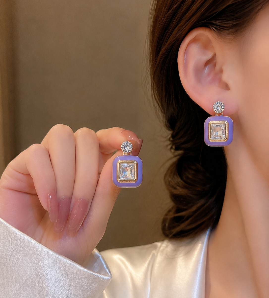 Korean Design Square Colorful Stone Earring