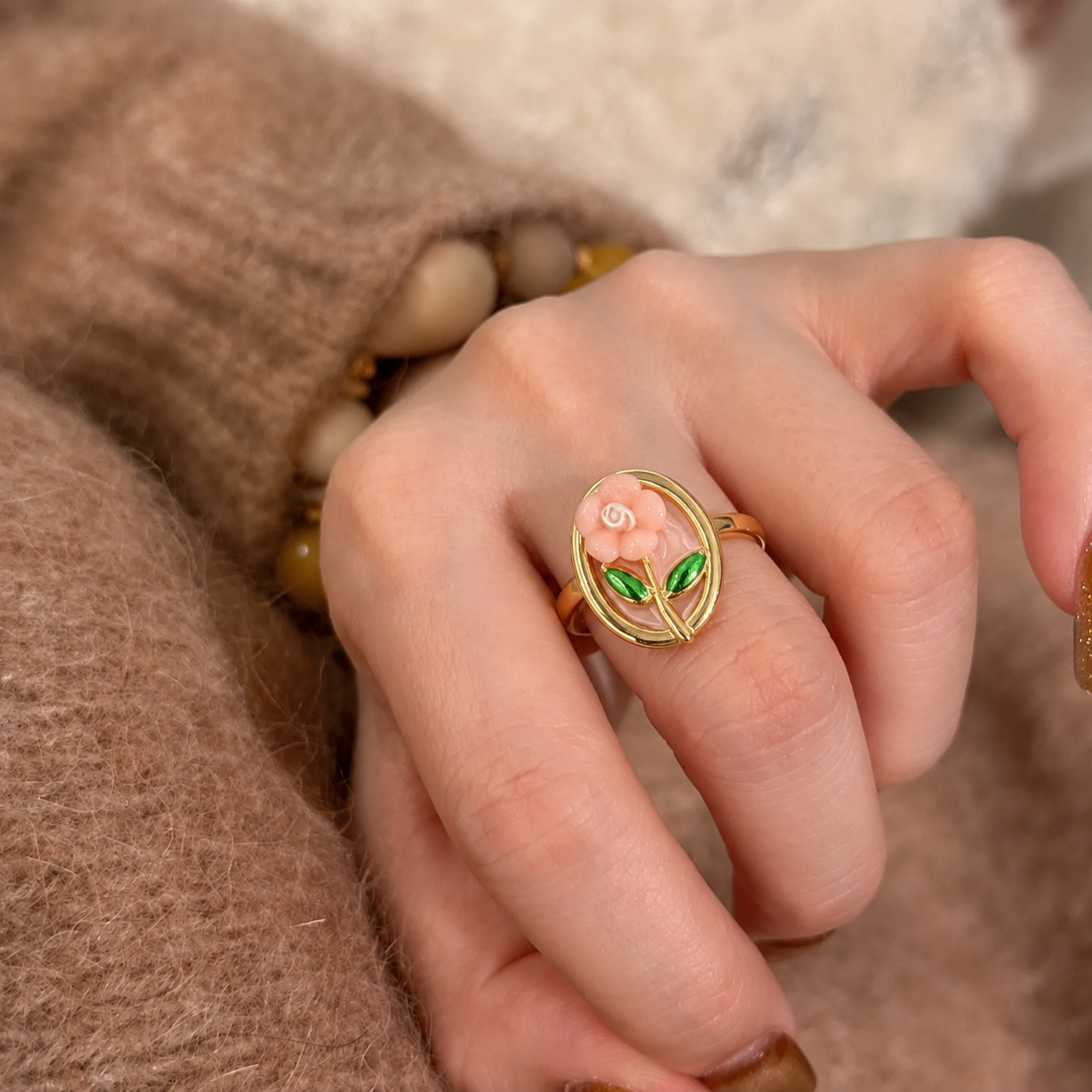 Stainless Steel Enamel Rose adjustable ring