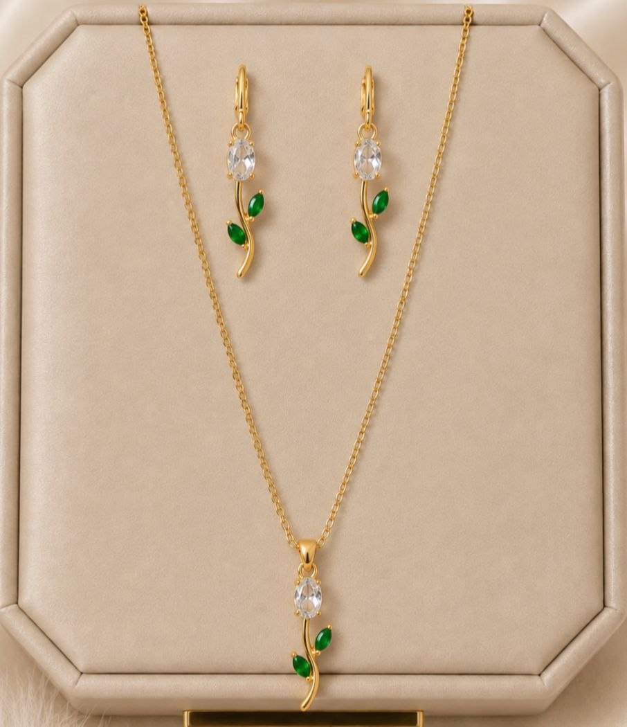 Kiyu Ziyu Anti Tarnish Tulip Pendant Chain with Earrings Set