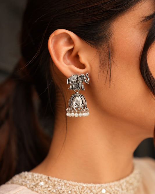 Oxidised silver-toned elephant stud jhumka earring