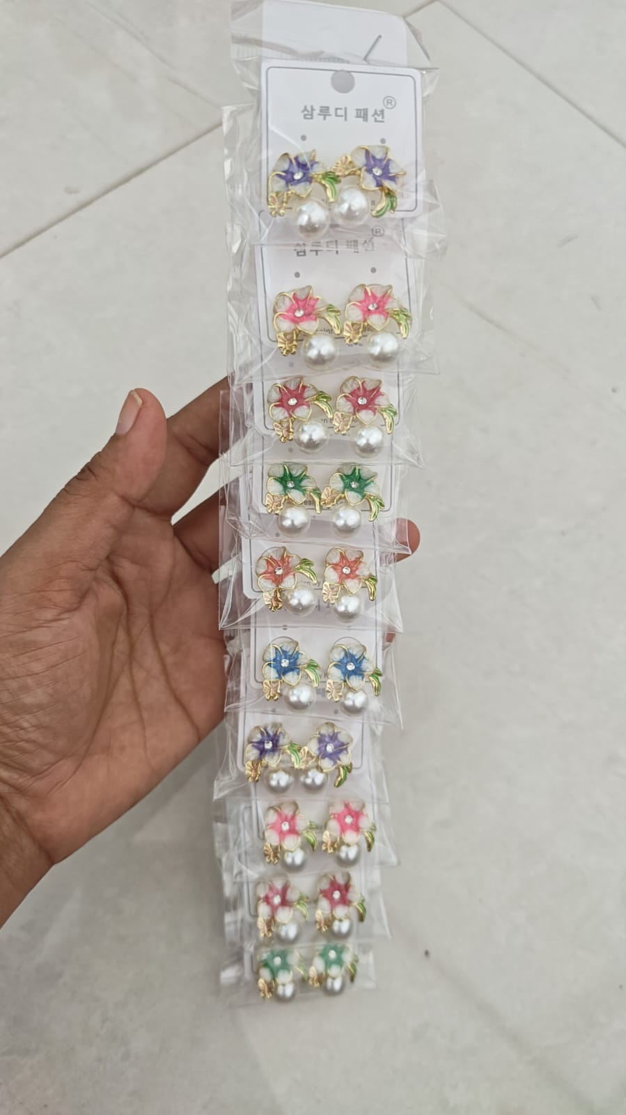Korean-style enamel floral and pearl drop stud earrings