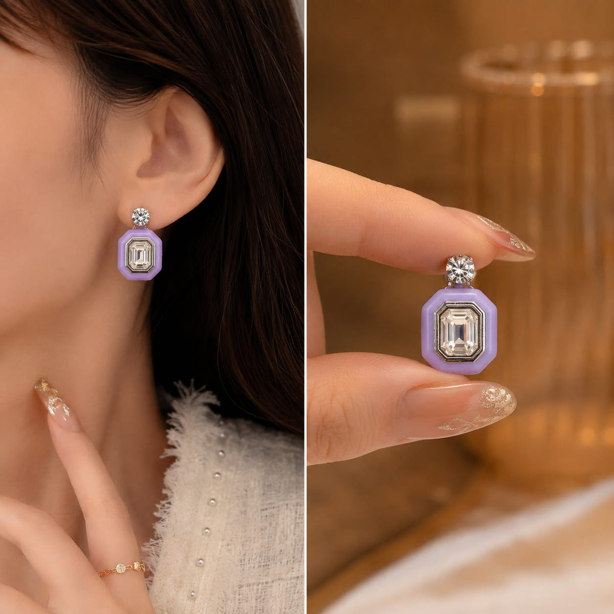 Silver plated stud Enamel Emerald earring