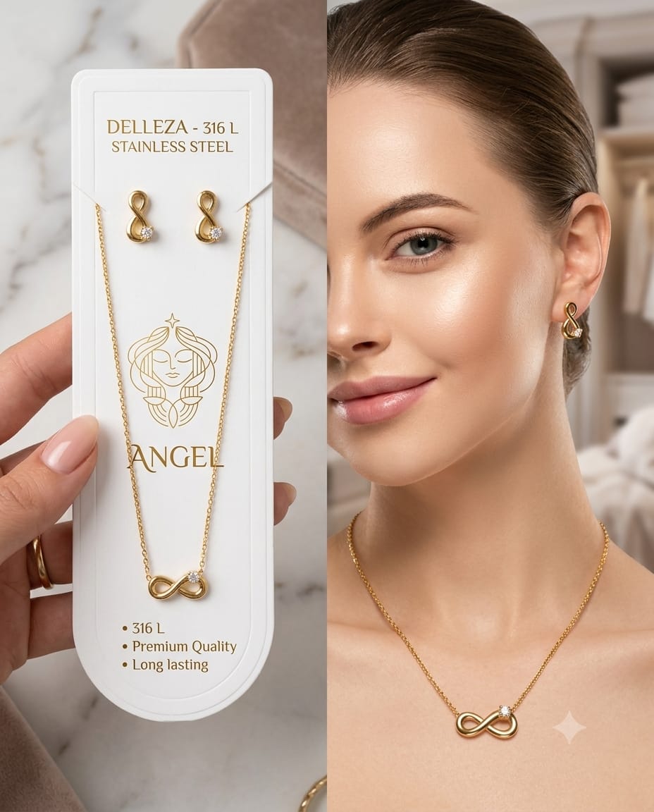 stainless steel infinity pendant necklace and matching stud earring crystal accent.