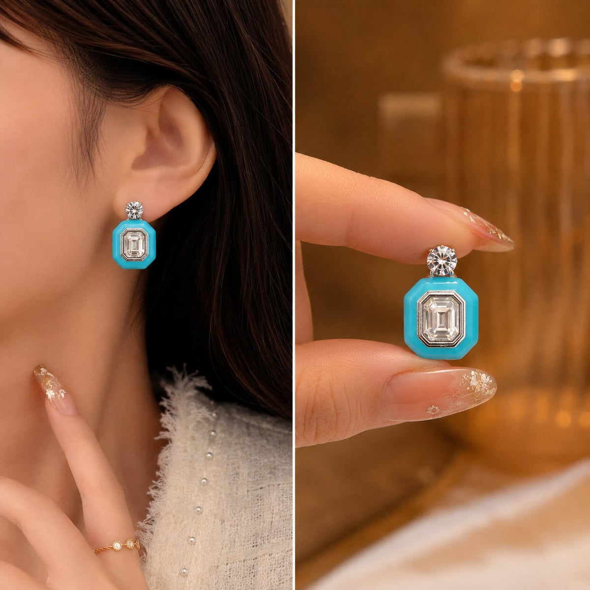 Silver plated stud Enamel Emerald earring