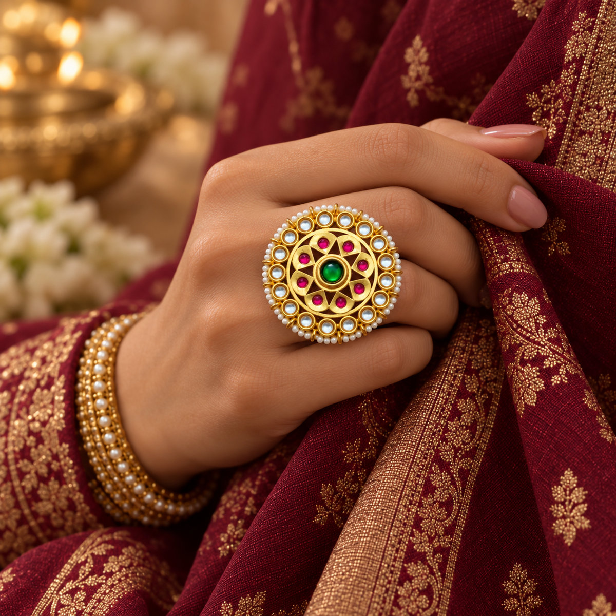 Traditional Multicolor Kundan Pearl Statement Ring