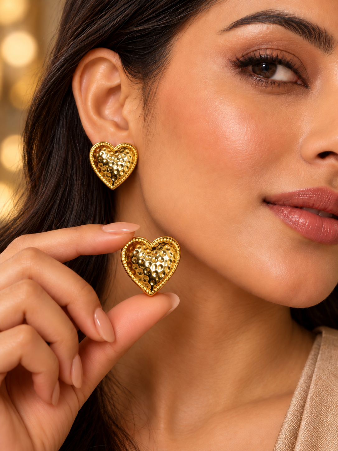 Gold-Tone Hammered Heart Stud Earrings