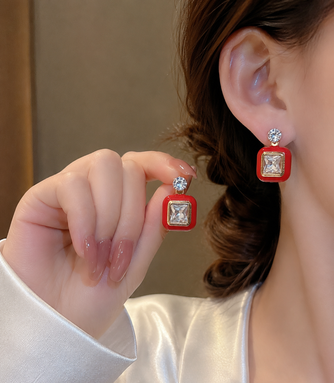 Korean Design Square Colorful Stone Earring