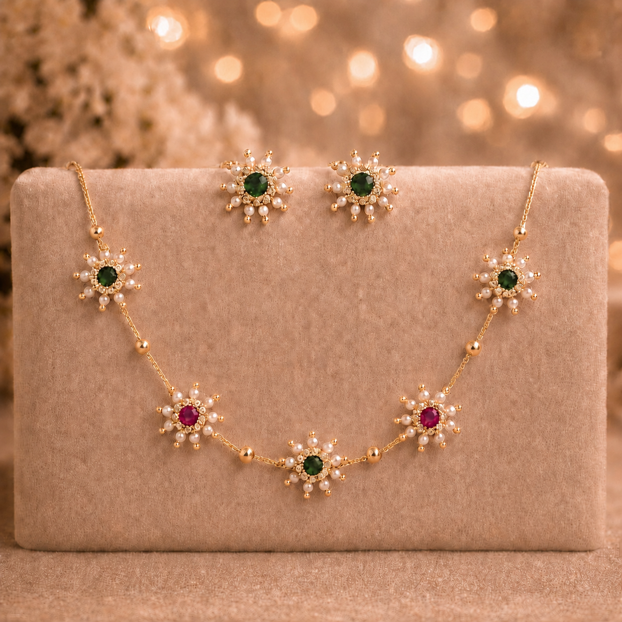 Gold Plated pink 🩷 Floral Pearl & Stone Necklace with Stud Earrings