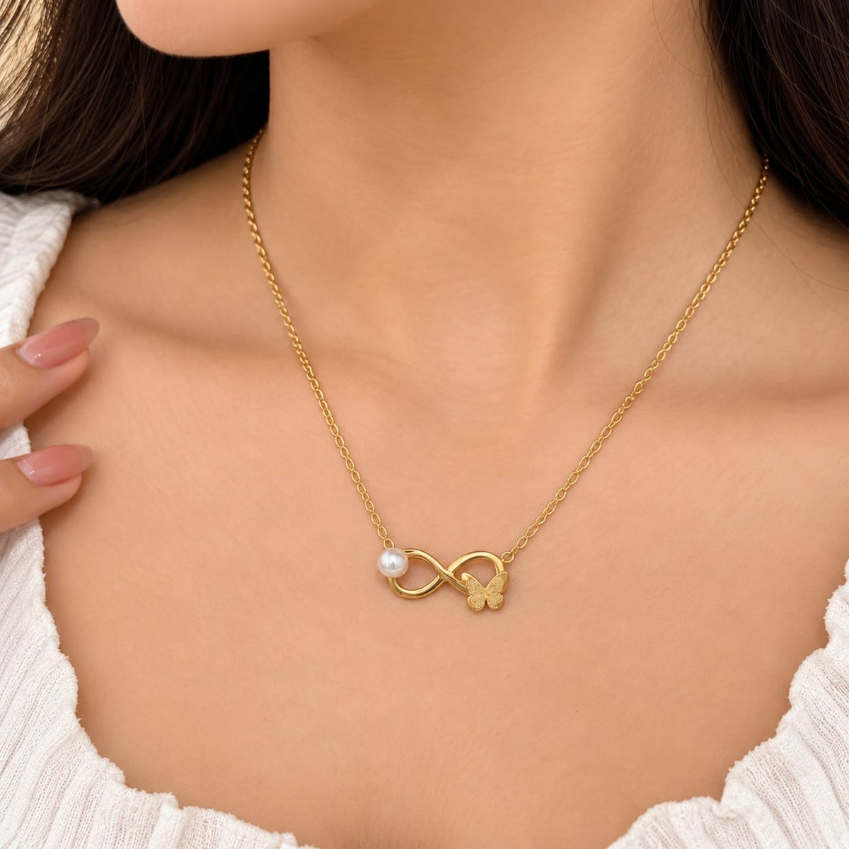 Golden Infinity Butterfly Pearl Necklace