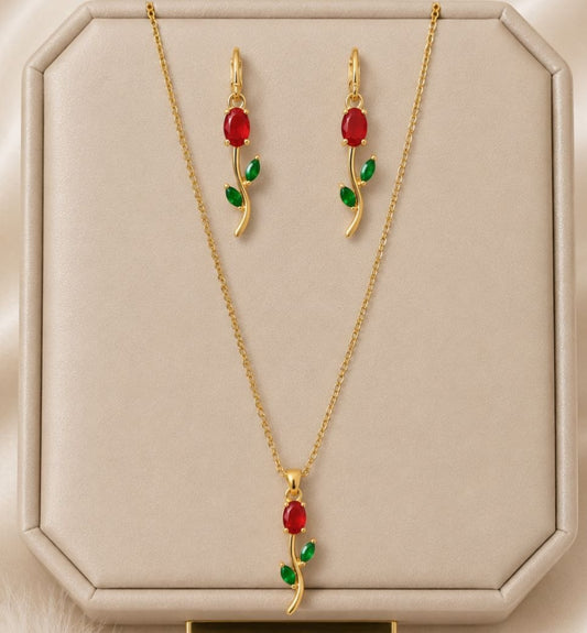 Kiyu Ziyu Anti Tarnish Tulip Pendant Chain with Earrings Set