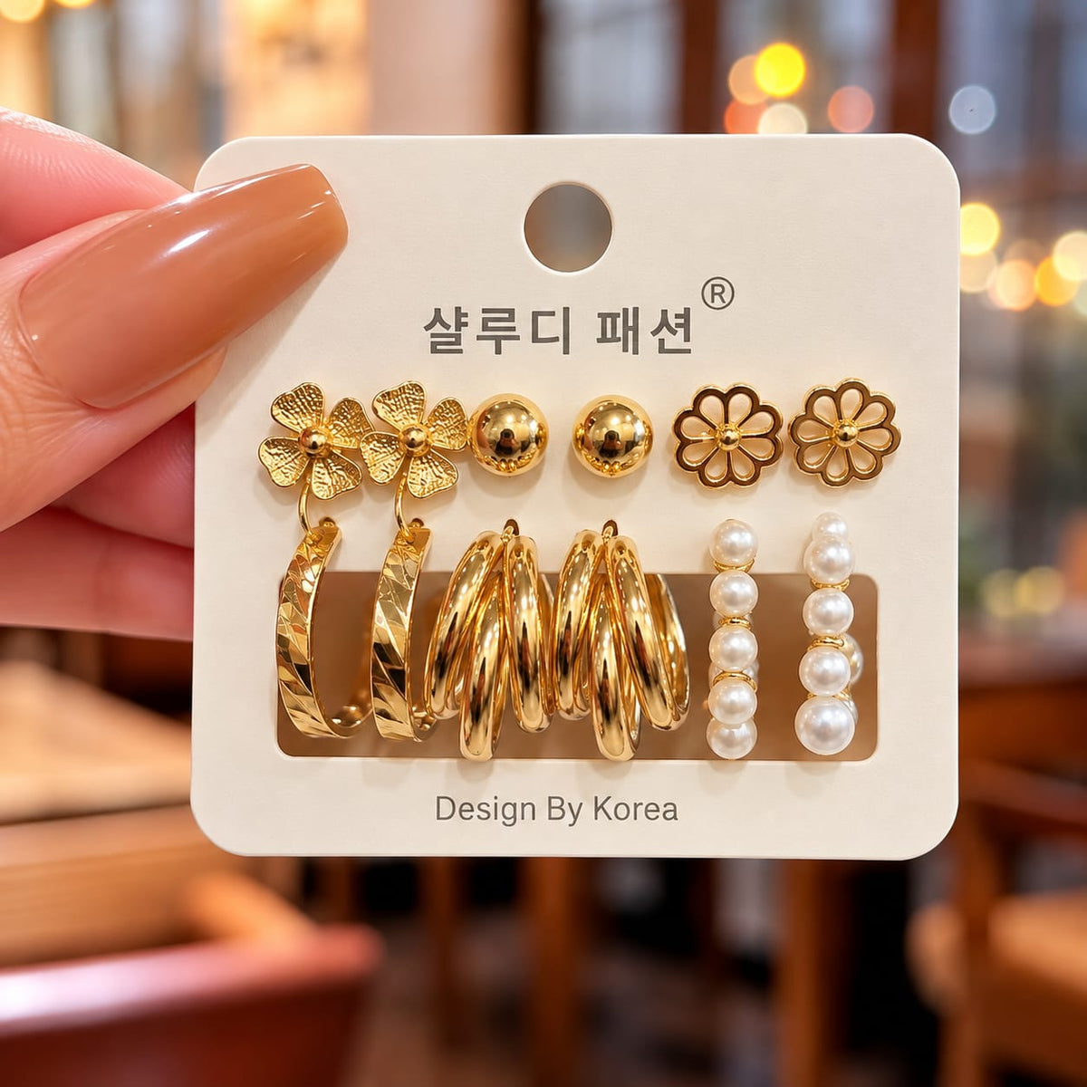 Set of 6 Trendy Golden Combo Earrings