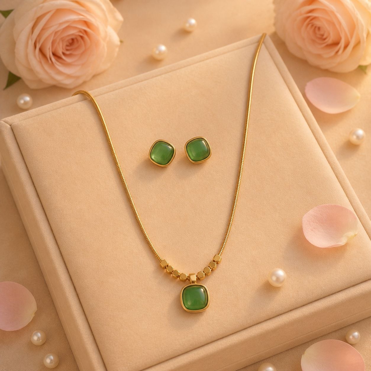 Anti tarnish green stone nacklace with  earring  set