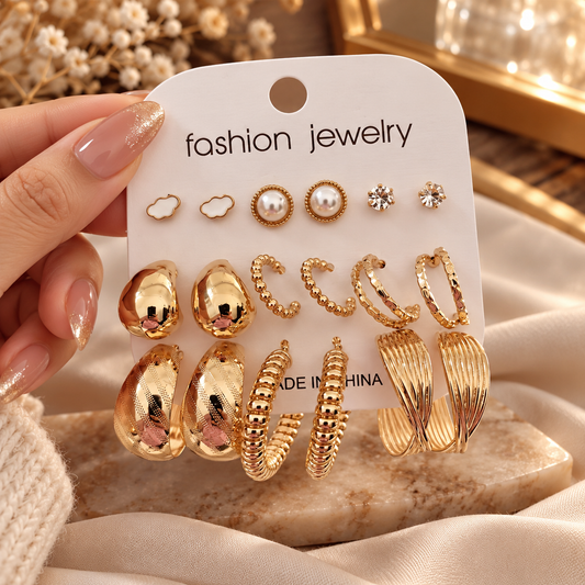 Gold-Plated Mixed Hoop and Stud Earring Set