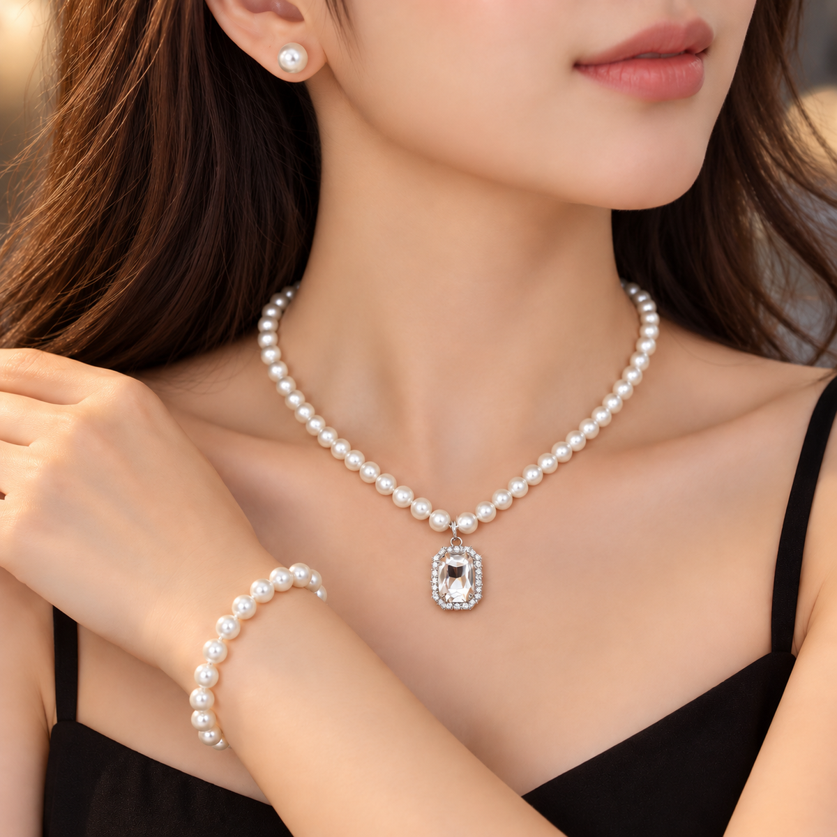 White Pearl  Necklace with  bracelet and earrings combo set