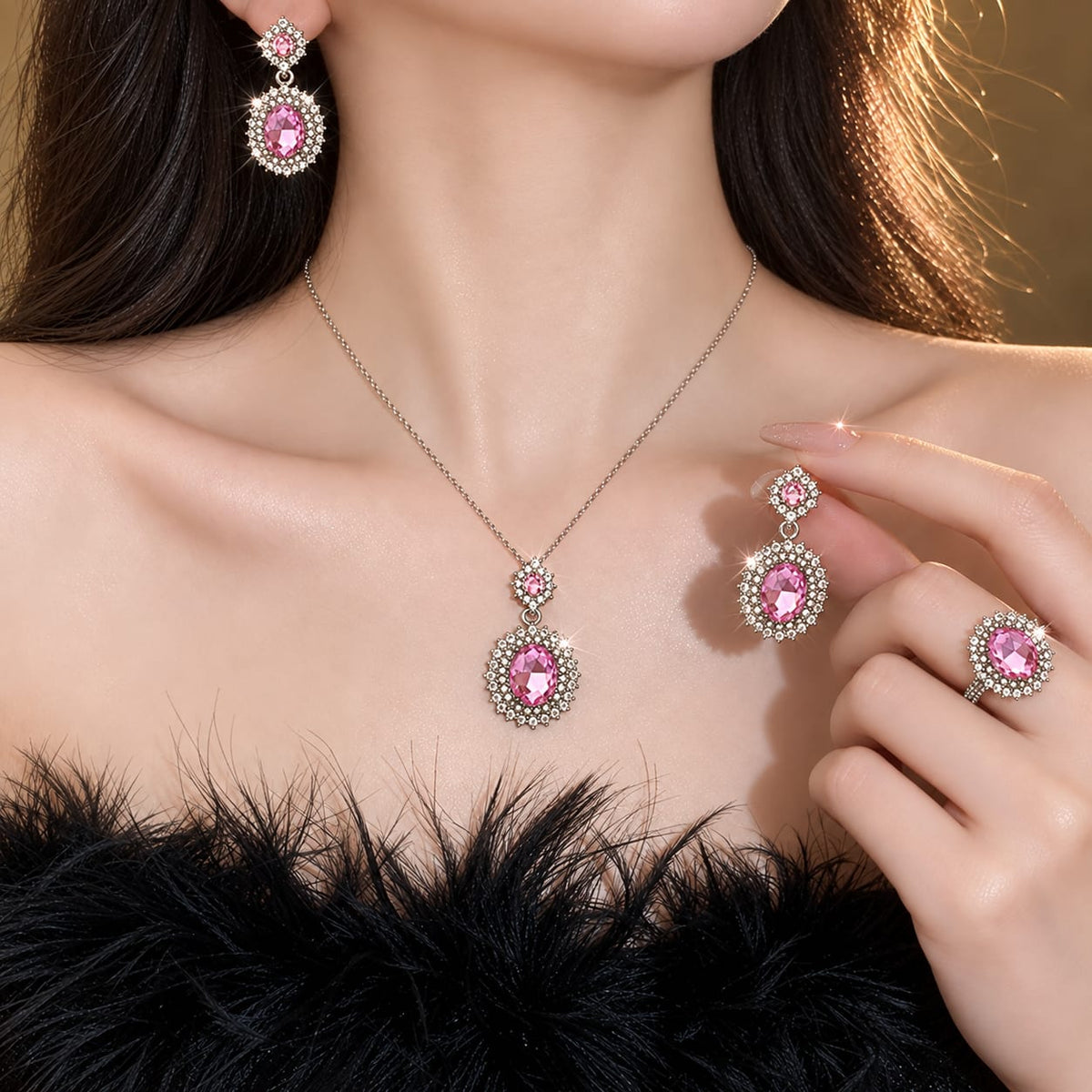 silver-plated oval 💕pink cubic zirconia stone combo set