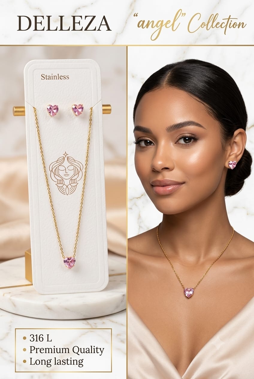 stainless steel pink heart-shaped crystal stud & necklace
