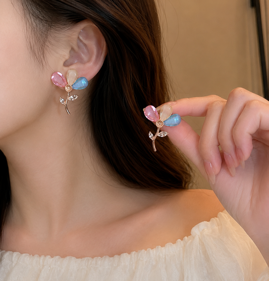 Korean Design Flower Stone Earring