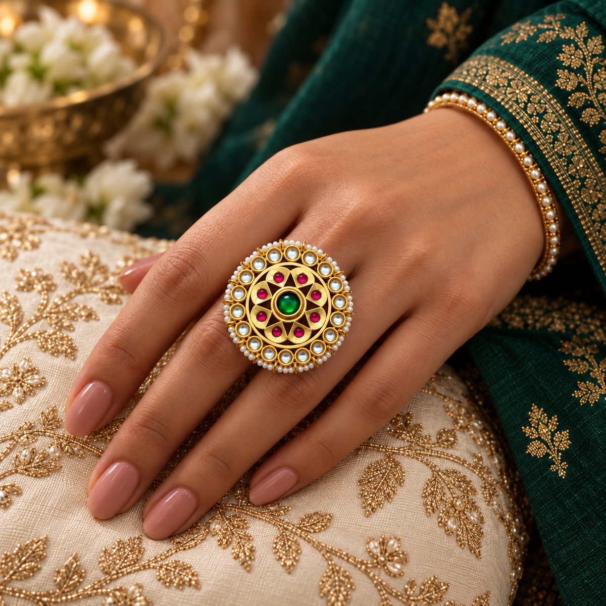 Traditional Multicolor Kundan Pearl Statement Ring