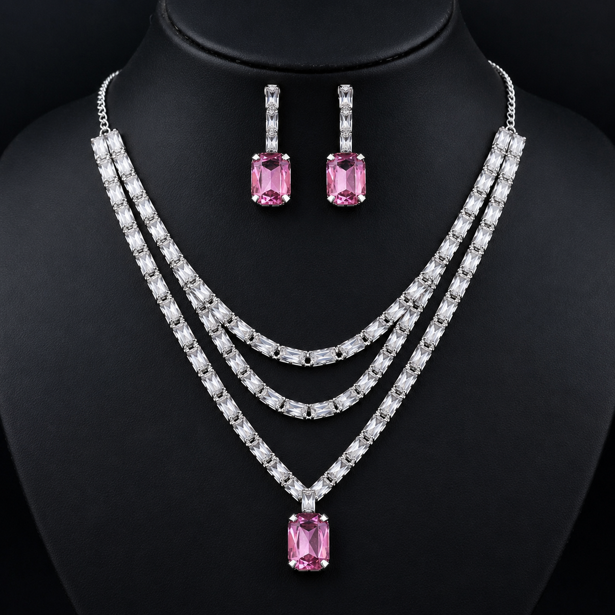 Crystal 3 layer  Silver pink necklace Set