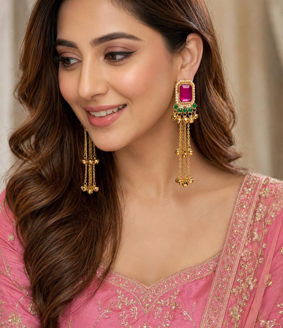 Kashmiri Ghungroo with pink stone Hanging Earring