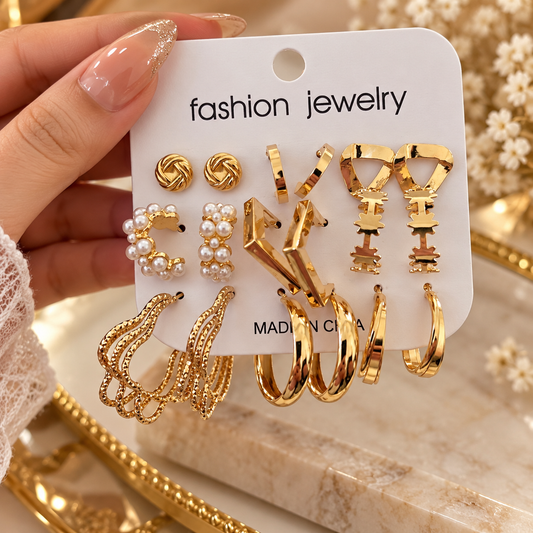 Set of 9 pairs ,pearls , ranctangle and hoops mix