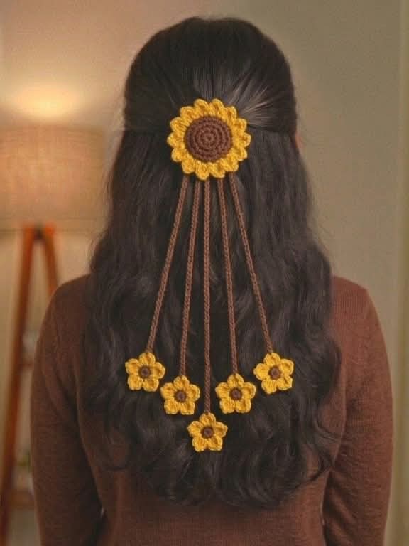 Crochet sunflower Hair tie with Hanging Vine Tassels