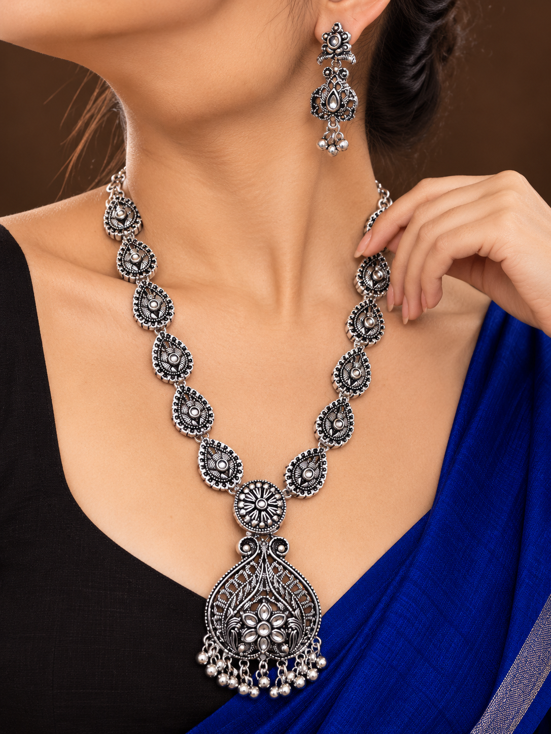 oxidized silver-plated long necklace and matching earring set