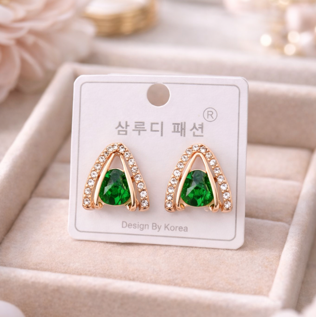 Elegant Triangle Stud Earrings, Emerald  Stone for Girls and Women