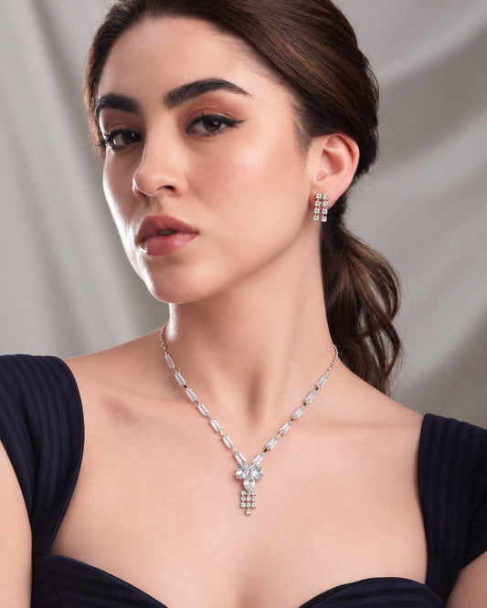 Silver Plated Artificial Stone Studded Necklace & Earring Set