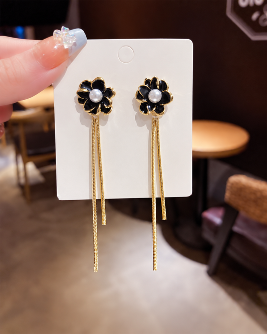 black enamelled flower earrings long dangling chain tassels.