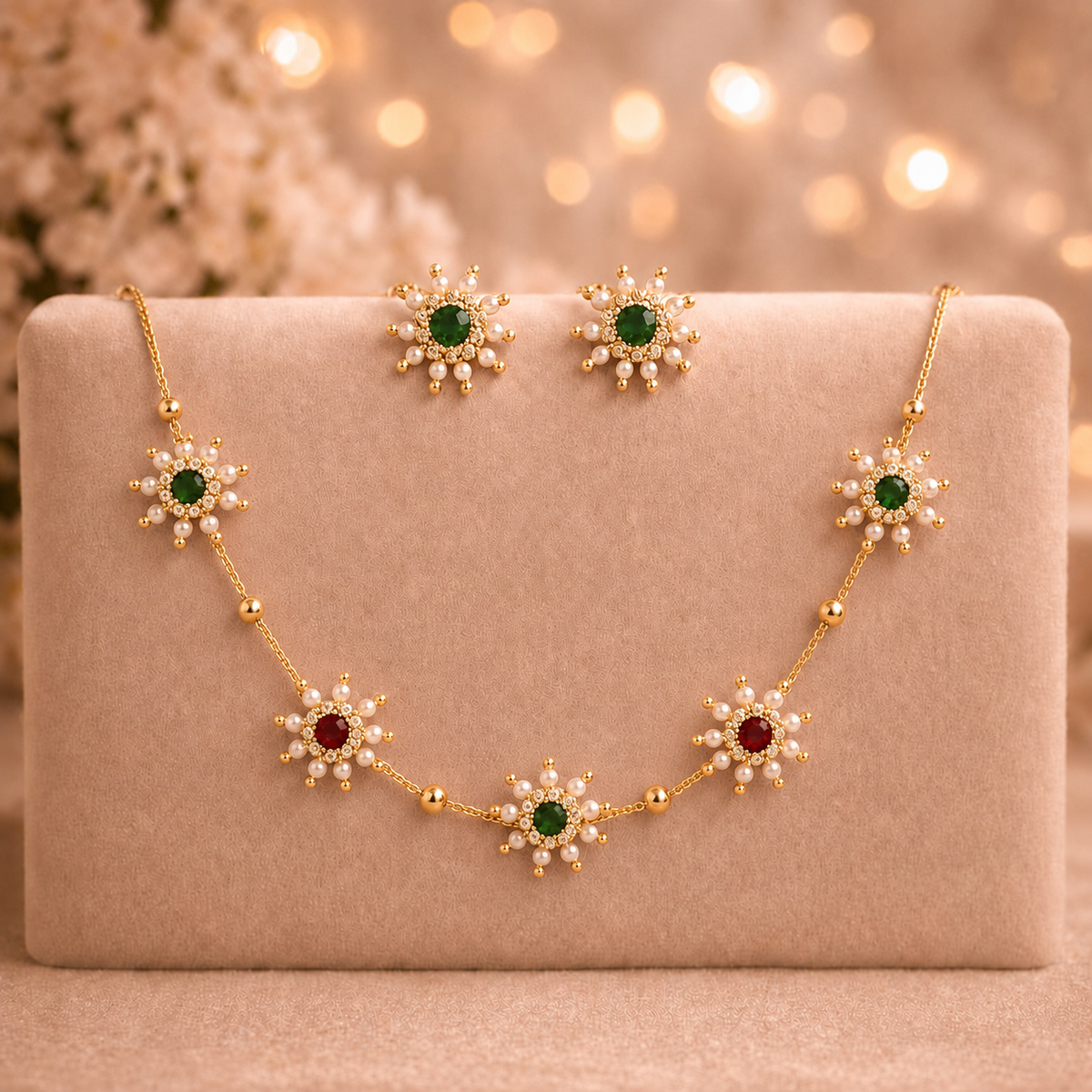 Gold Plated red ♥️ Floral Pearl & Stone Necklace with Stud Earrings